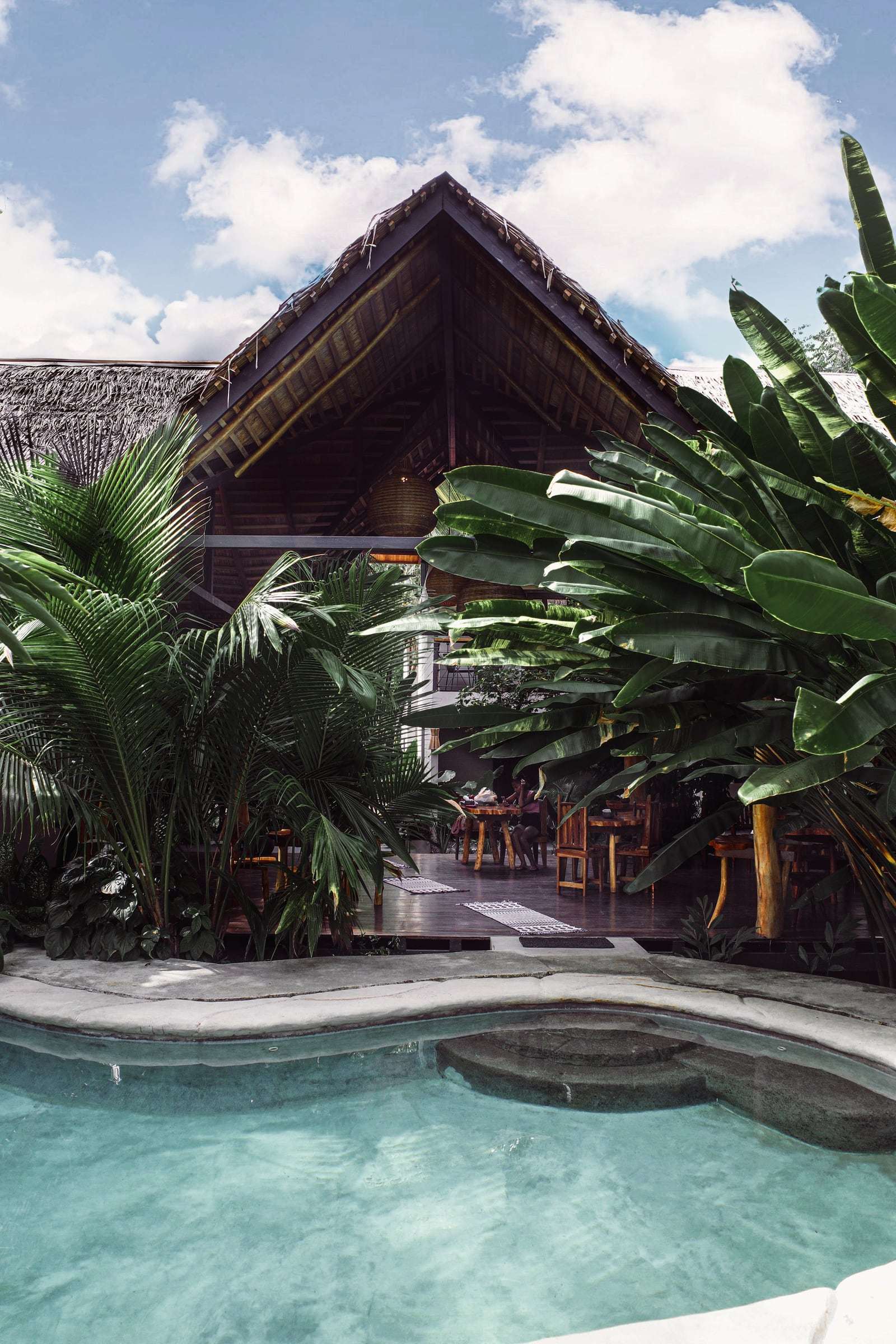 Pool and the rancho's thatched gable under a cloud-streaked sky, framed by banana leaves