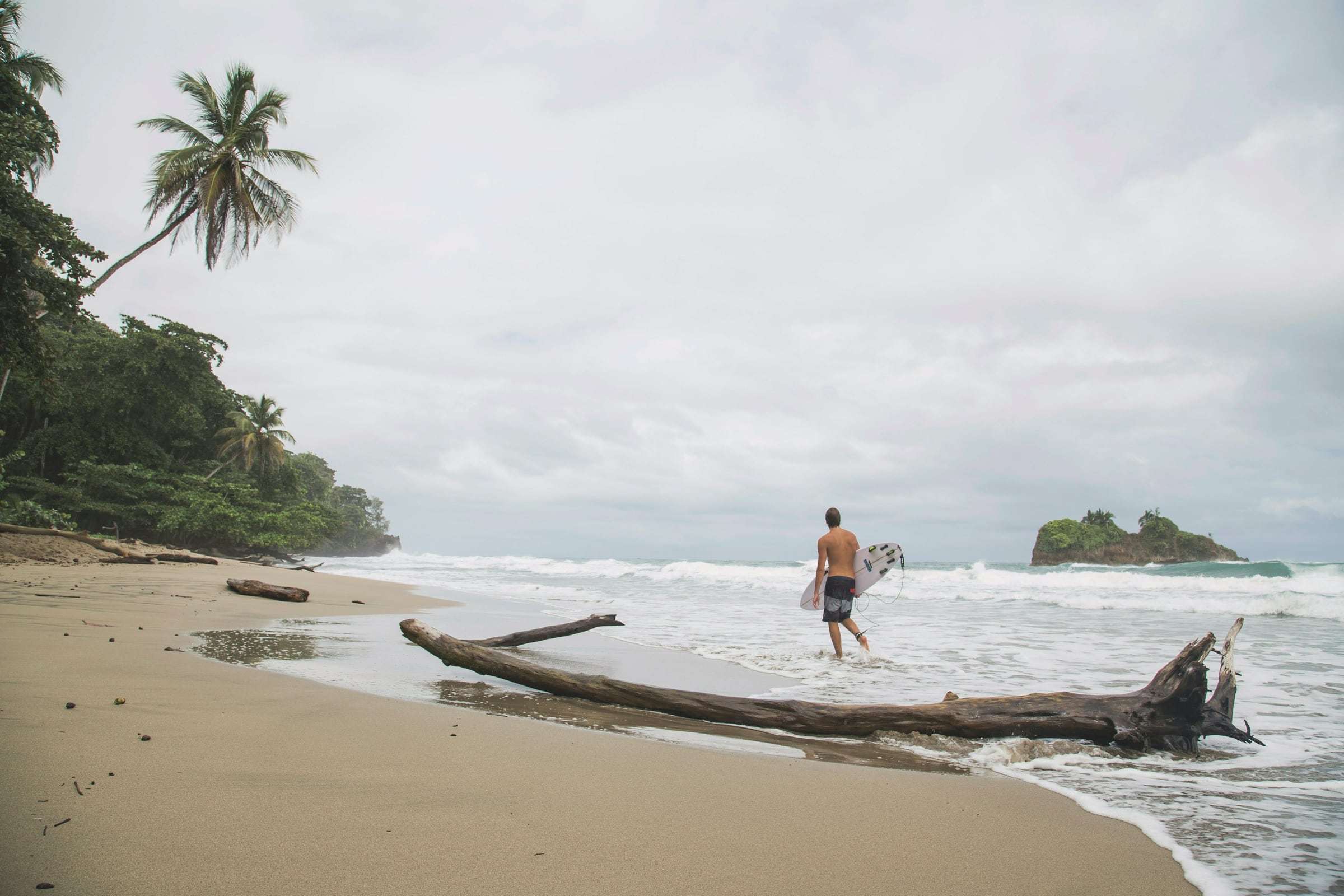 Surfer carrying a board out of the waves on a palm-fringed beach in Puerto Viejo de Talamanca, a small rocky island offshore