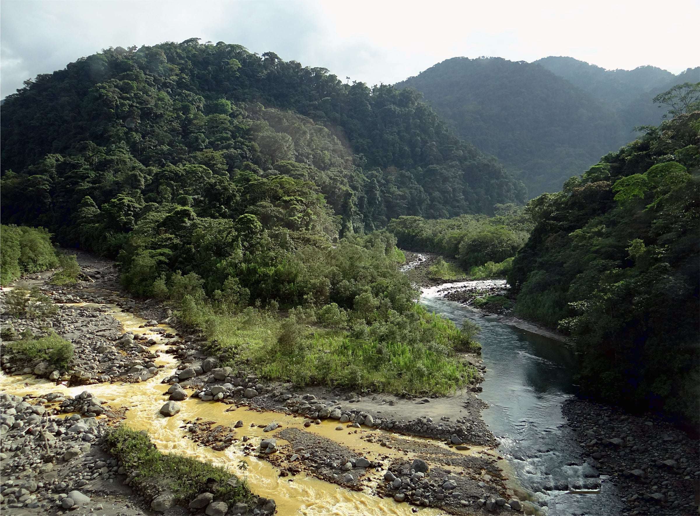 Muddy Río Sucio meeting the clear Río Hondura below forested mountains beside Route 32 in Braulio Carrillo National Park