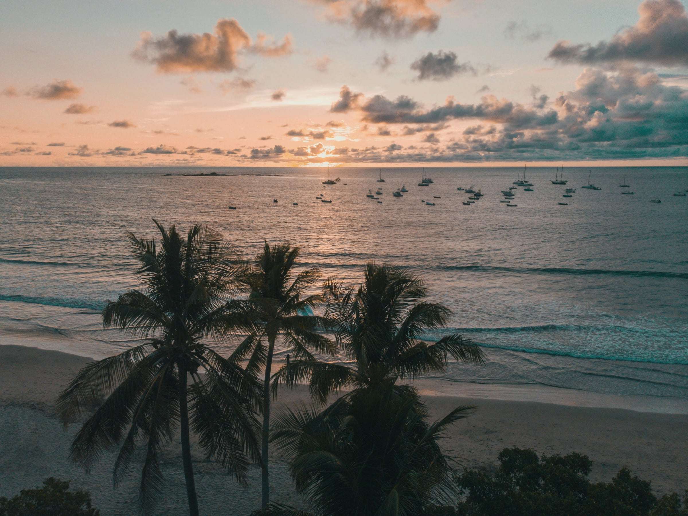 Sunset over Tamarindo bay, with sailboats at anchor and palm trees silhouetted on the beach
